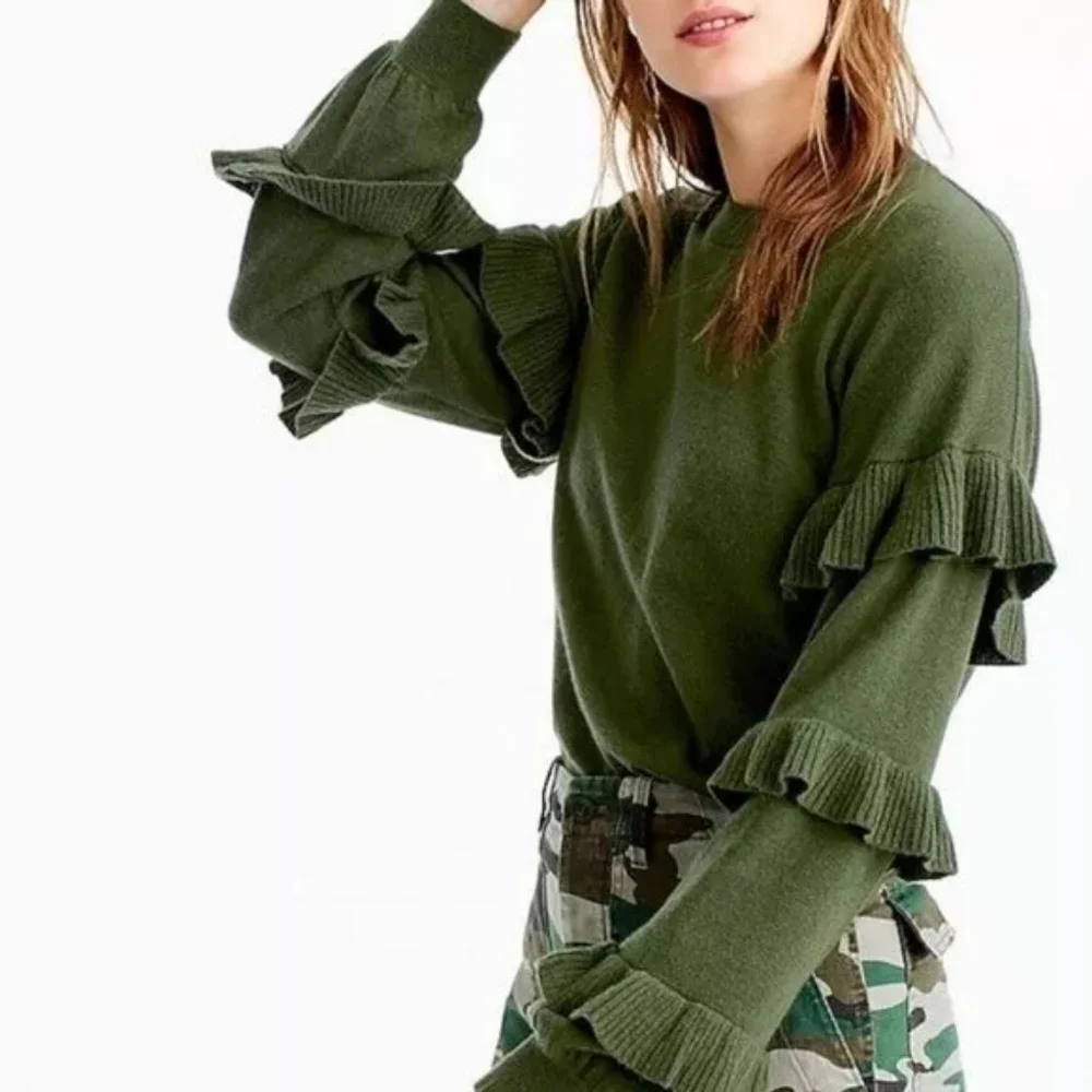 J. Crew Black Label Wool Ruffle Sleeve Green Sweater